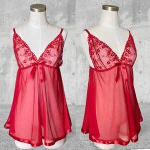 Intimates Sleepwear Red And Mesh Babydoll Sheer Lingerie Never Worn Size Medium Red Bow