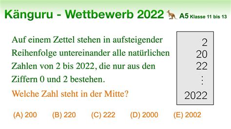 A5 Känguru 2022 Klasse 11 bis 13 Welche Zahl steht in der Mitte