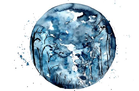 Blue Full Moon Watercolour Illustration Wall Art Print Free Etsy