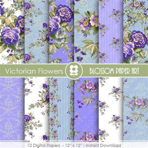 Purple And Blue Floral Digital Paper Set With Flowers On Them