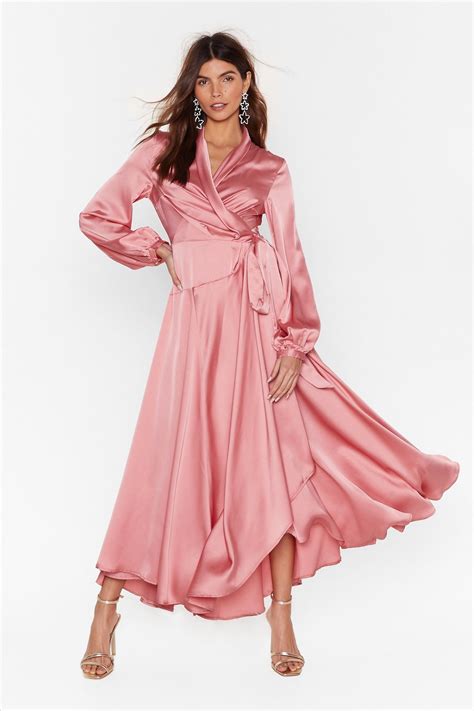 Satin Long Sleeve Wrap Maxi Dress Silk Dress Long Satin Dress Long