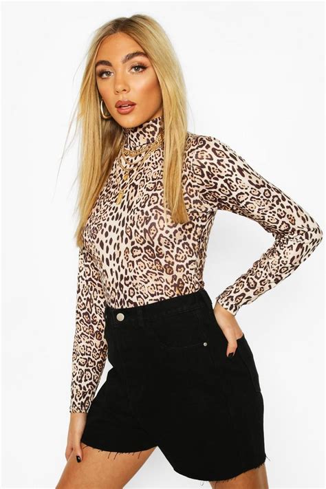 Leopard Print High Neck Long Sleeve Bodysuit Boohoo