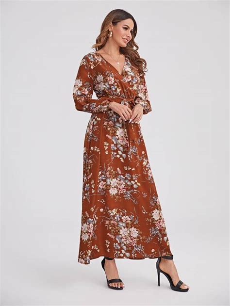 Shein Clasi Surplice Neck Self Belted Botanical Print Dress Shein Usa