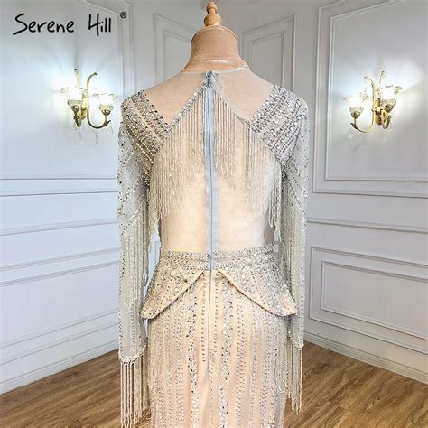 Serene Hill Silver Nude Luxury Elegnat Evening Dresses Gowns 2021 Mermaid Beaded Tassel For