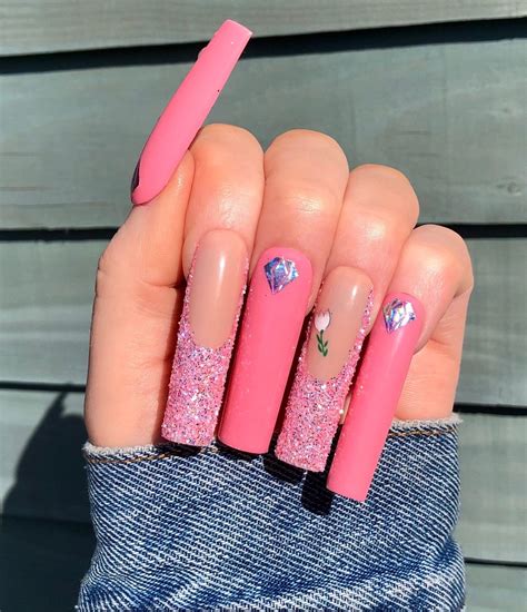 Xxl Tapered Square Press On Nails Pink Glitter French Tip Summer