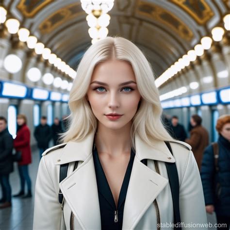 Platinum Blonde Woman At Moscow Metro Stable Diffusion Online