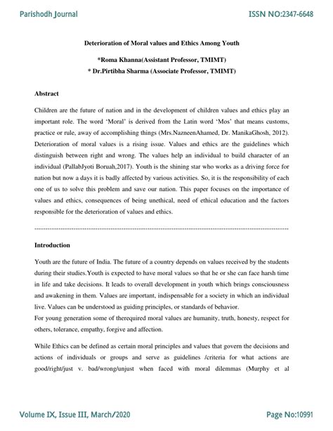 (PDF) Deterioration of Moral values and Ethics Among Youth