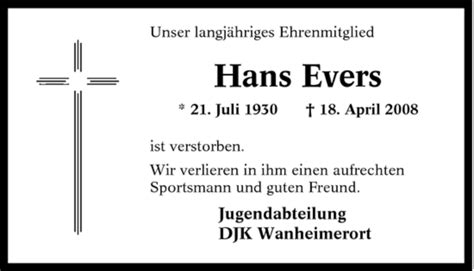 Traueranzeigen Von Hans Evers Trauer In Nrw De