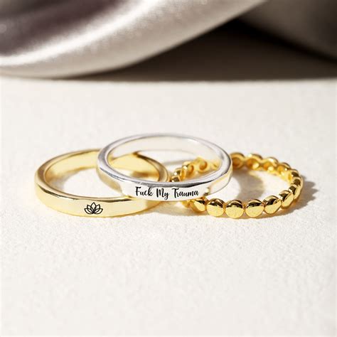 Fuck My Trauma Ring Set Stacking Engraved Ring Funny Engraved Bands Stackable Rings Fuck My