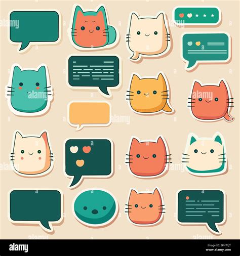 Set Of Sticker Style Blank Chat Box With Cat Emoji Face Elements