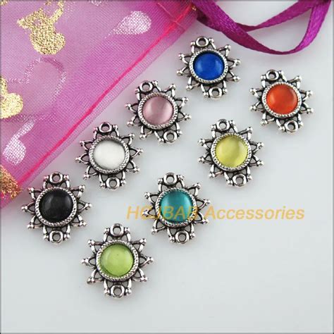 Pcs Tibetischen Silber Blume Gemischt Cateye Stein Charms Anh Nger