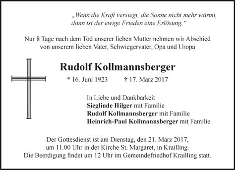 Traueranzeigen Von Rudolf Kollmannsberger Trauer Merkur De