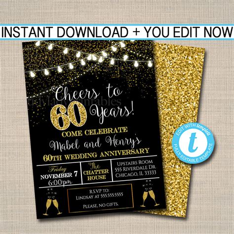 60th Party Invitation Birthday Printable Cheers To Sixty Years 60th — Tidylady Printables