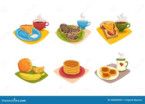 Food For Healthy Breakfast Set Sandwich Fruit Donut Pancakes