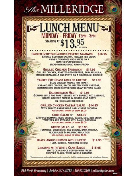 The Milleridge Inn Menu In Jericho New York Usa