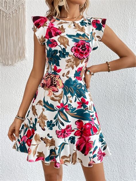 SHEIN VCAY Vestido impressão floral acabamento de babados SHEIN Brasil