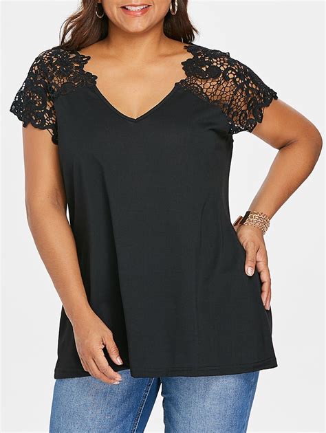 Plus Size Cutwork Lace Trim T Shirt Clothes Ladies Tops Fashion