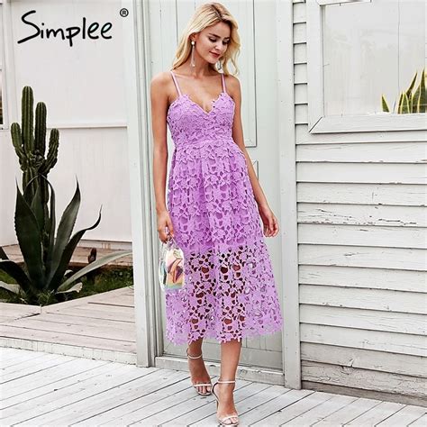 Simplee Strap Vintage White Lace Dress Women Overlay V Neck Summer Dress 2018 High Waist Sexy