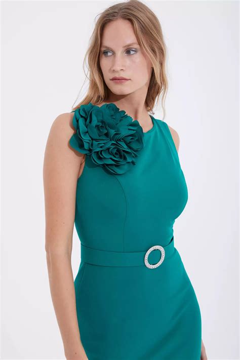 Green Crepe Sleeveless Midi Dress Evening Dress Fervente