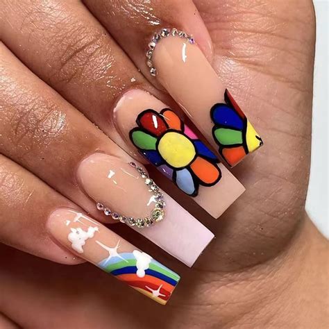 Babalal Long Fake Nails Pcs Nude Glossy Ballerina Acrylic Rhinestone Rainbow Stick On Nails