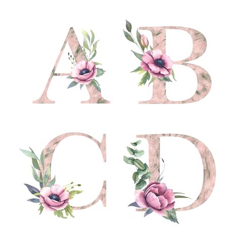 Alfabeto Floral Colección De Letras Con Flores De Acuarela Y Hoja