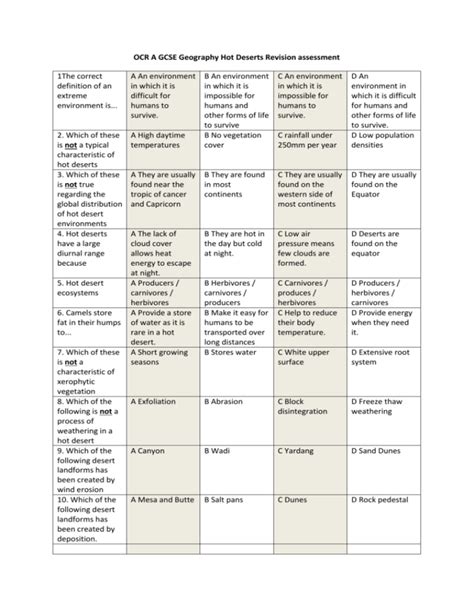 OCR A GCSE Geography Hot Deserts Revision Assessment The