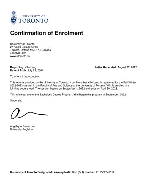 Confirmation Of Enrolment Letter Generated August 27 2022