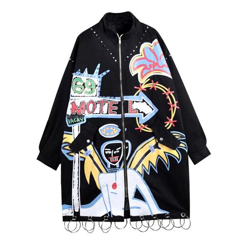 2017 Fashion Brand Graffiti Rivets Women Long Jacket Coat Punk Style