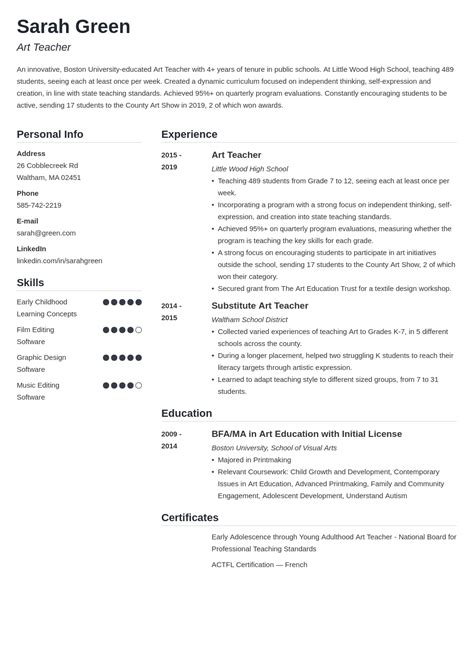 Art Teacher Resume Examples, Templates & Tips for 2024