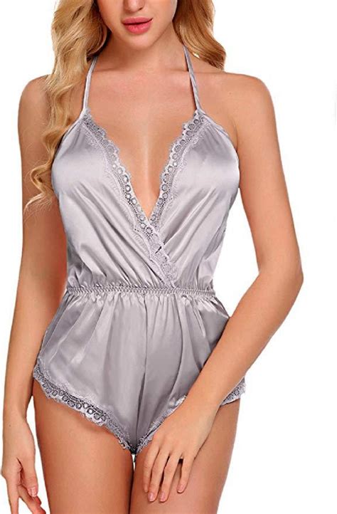 Women Sexy Lingerie Bodysuit Deep V Neck Teddy Babydoll Satin One Piece