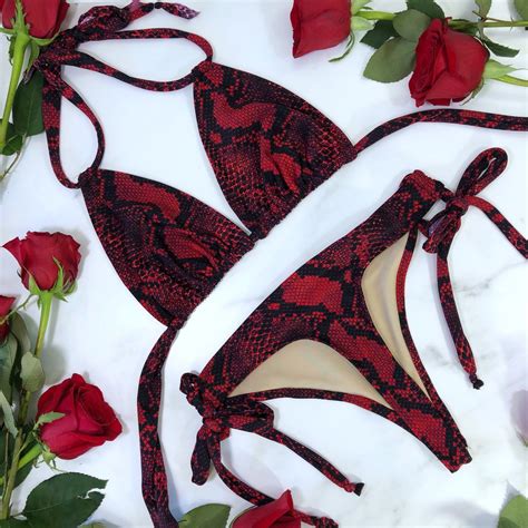 Women S Red Black Snake Thong Bikini Swimsuit Etsy