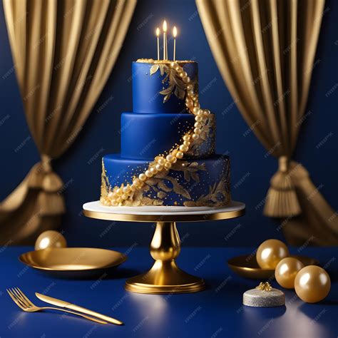 Premium Photo | 3d rendering of a blue wedding cake with gold ...