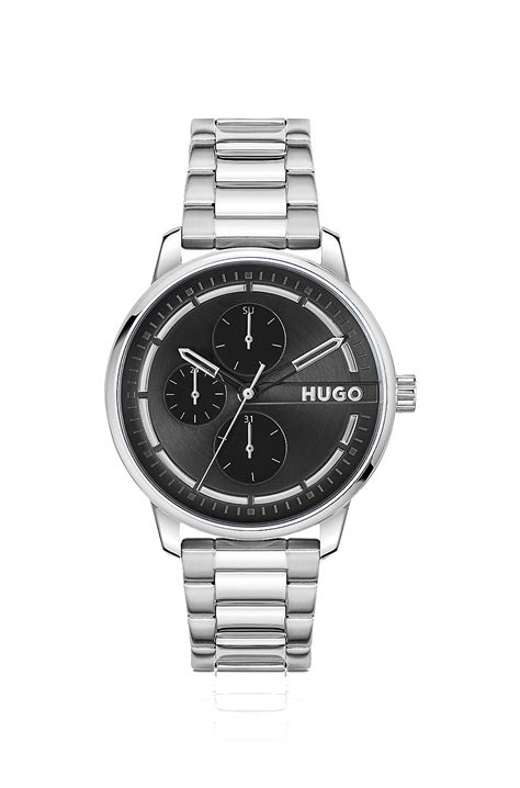 Hugo Stainless Steel Link Bracelet Watch With Black Dial