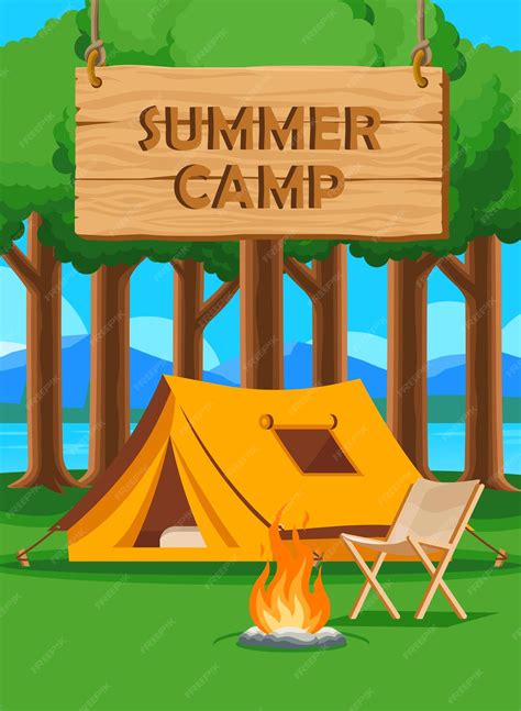 Premium Vector Summer Camp Poster Design In Cartoon Vector Style