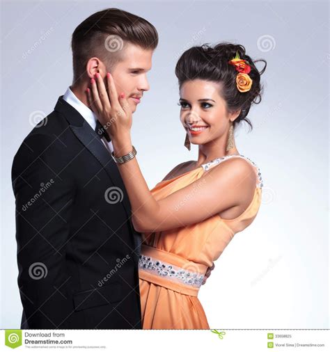 Fashion Couple With Woman Holding His Face Stock Image Image Of