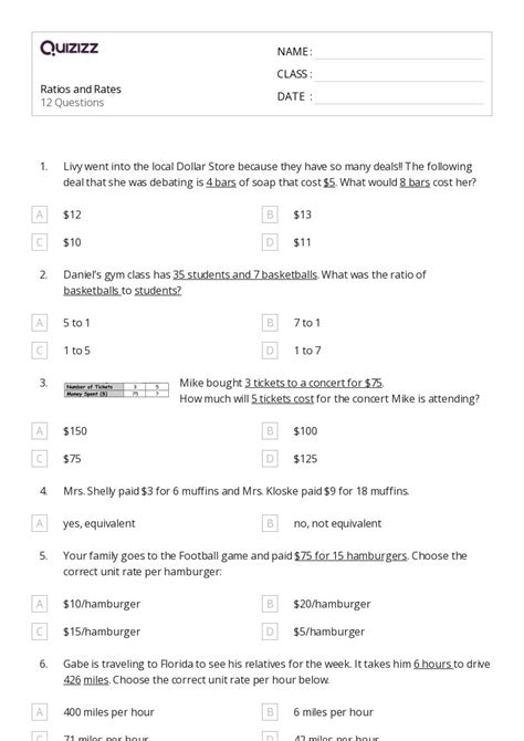 50 Percents Ratios And Rates Worksheets For 7th Grade On Quizizz Free And Printable