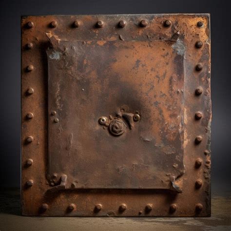 Premium Ai Image Rusty Metal Plate With Rivets And A Lock On A Table