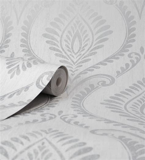 Papel Pintado De Damasco Metalizado Elegante Y Moderno Fondo Gris Claro