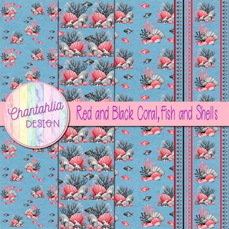 Red And Black Coral Fish And Shells Digital Papers