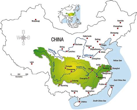 The Map Of Yangtze River In China With Major Cities And Rivers Labeled