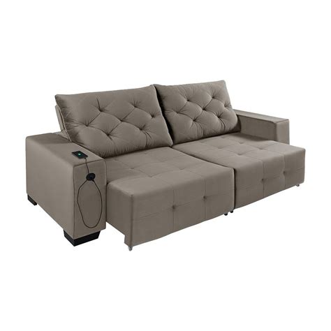 Sofá Lugares Retrátil Reclinável USB Paddington Veludo Nude Gran Belo Camicado