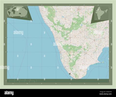 Kerala, state of India. Open Street Map. Corner auxiliary location maps ...