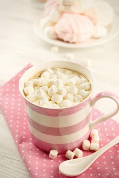 Premium Photo Mug Of Hot Chocolate With Marshmallows On Light Wooden Background