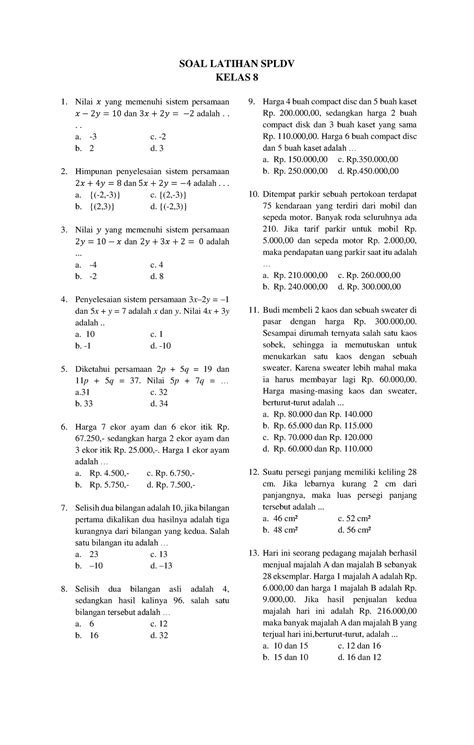 Latihan spldv Latihan Soal SPLDV SOAL LATIHAN SPLDV KELAS 8 Nilai 𝑥