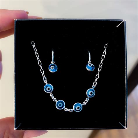 Presente Pulseira E Argola De Prata Olho Grego Azul Embalagem Dibali