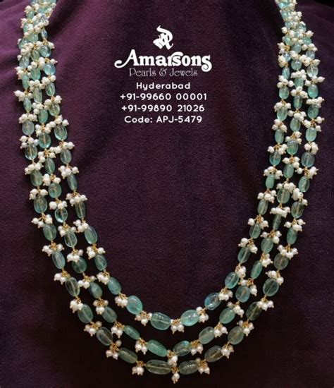 Three Line Emerald Beads And Pearls Mala Indian Jewellery Designs