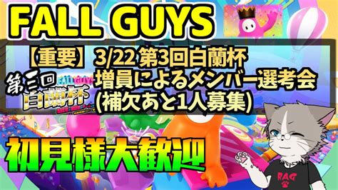 3月22日21時開催の白蘭杯、補欠募集！腕前次第で主力になることも？スナイプ参加型1時間→クリエ練習2時間『fall Guys』 Youtube