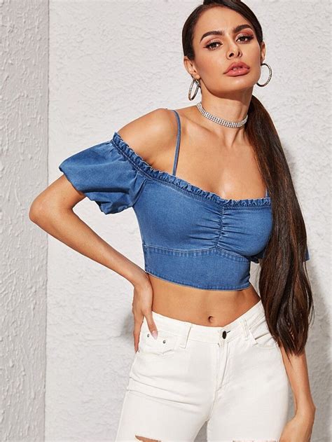 SHEIN Frill Trim Cold Shoulder Bustier Crop Denim Top Denim Top