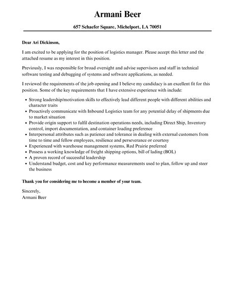 Logistics Manager Cover Letter Velvet Jobs