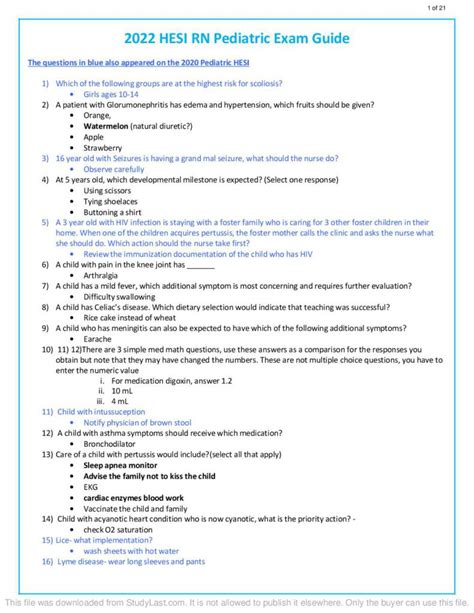 Hesi Rn Pediatric Exam Questions With Answers Studylast